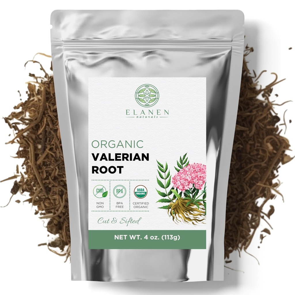 Elanen Naturals Organic Valerian Root 4 oz. (113g), USDA Certified Organic Valerian Koren Herb Te, Te De Valeriana Para Dormir, Valarian Officinalis Cele Loose Leaf, cut & Sifted