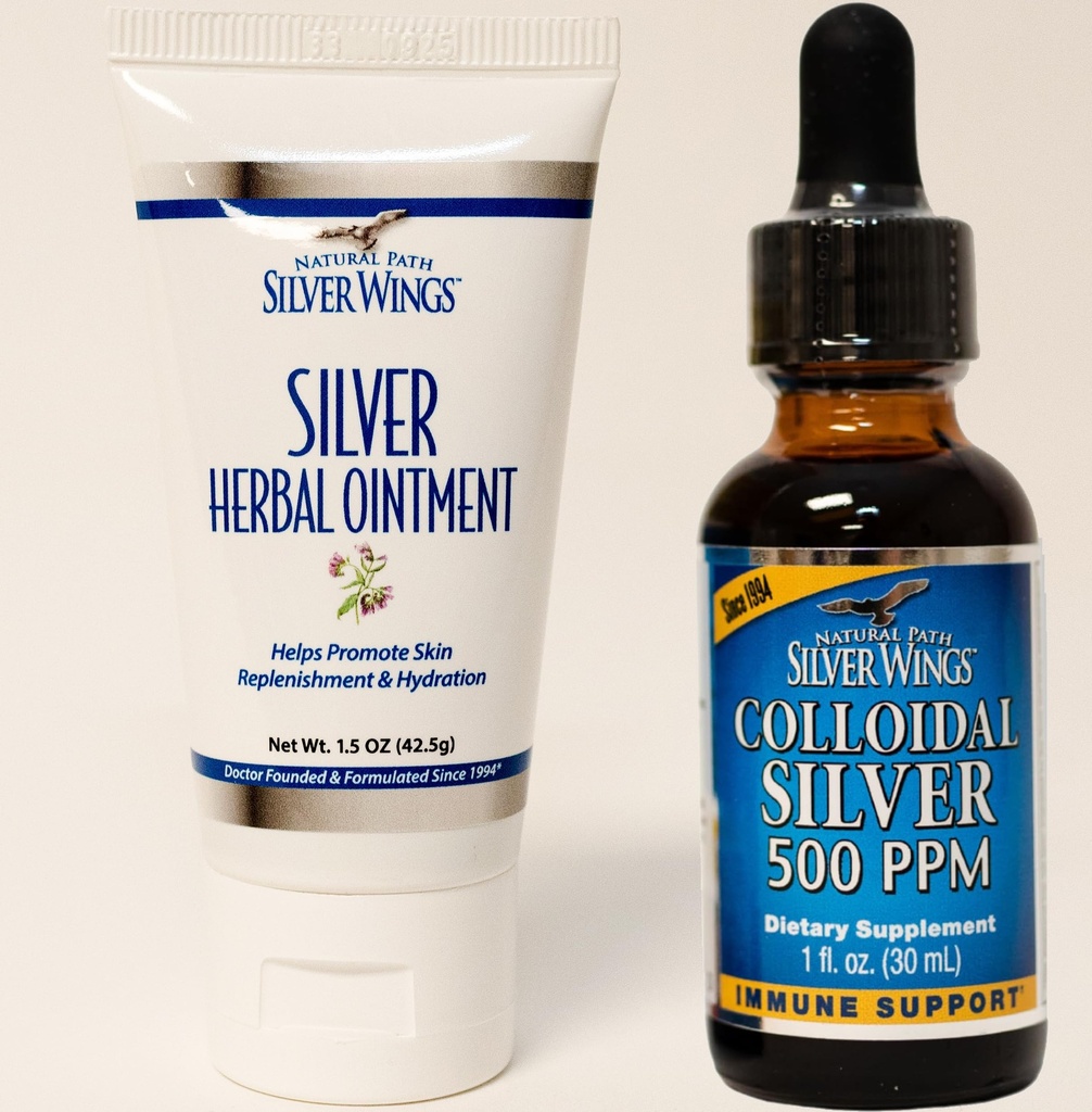 Naravna pot Silver Wings Dodatki - koloidno srebro 500 ppm (1 oz / 30 ml) Imunska podpora Plus zeliščno mazilo 250 ppm (1,5 oz)