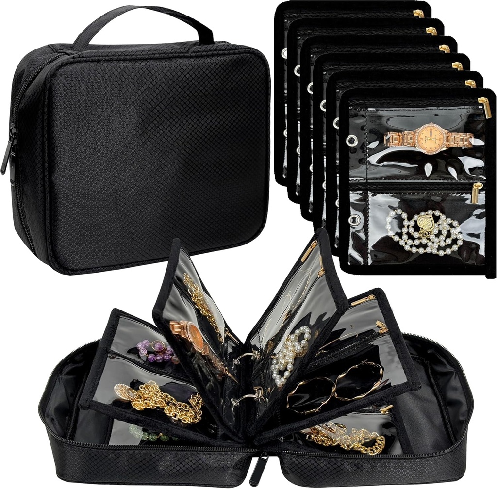 Travel Nakit Organizator Primer, Jewelry Torbe za potovanje, Nakit Binder z 24 Pcs Clear Zipper Velvet vrečke za shranjevanje uhanov, prstani, vratu, zapestnice, Watch (črna)