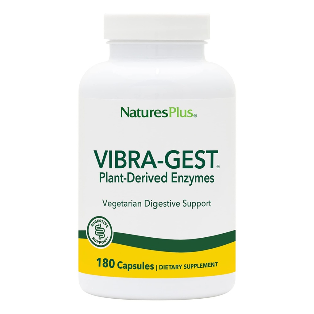 Natures Plus Vibra-Gest - 180 Kapsule - Vegetarijanska prebavna podpora Dodatek s probiotiki, žive sadne in zelenjavne encime - Naravne žive kulture - 180 Serving
