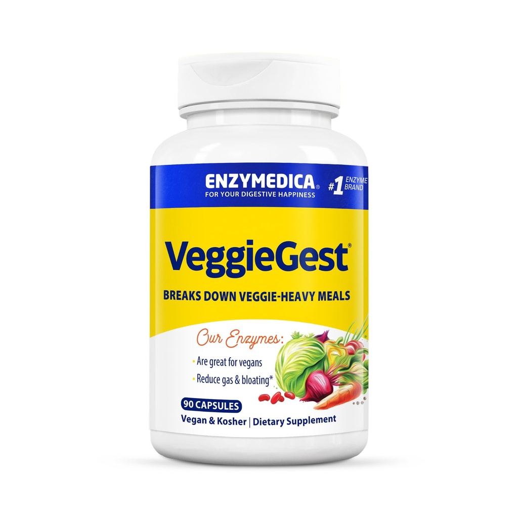 Enzymedica, VeggieGest, Prebavne Encimi, Podpira občasno plin in napenjanje Relief iz visoke vlaknine, za veganske in vegetarijanske diete, Enzyme mešanica za digestivno zdravje, 90 grof