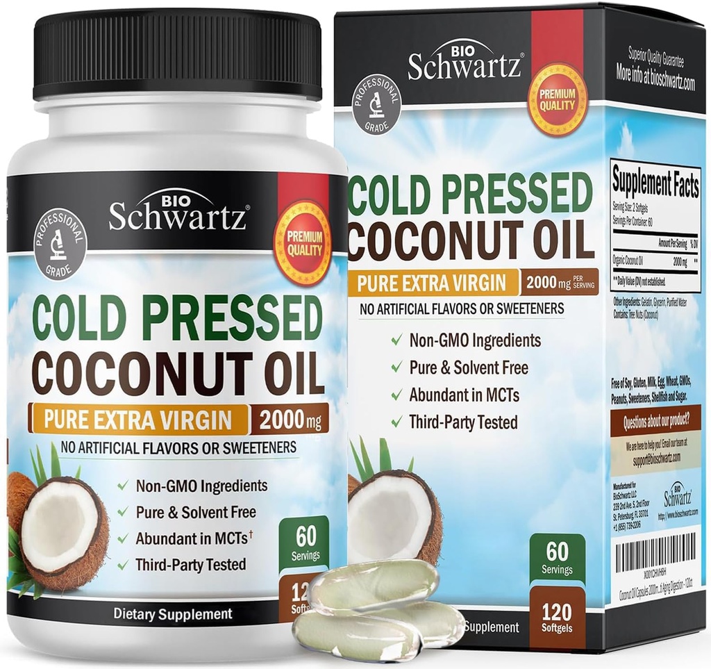 Kapsule Coconut Oil 2000mg - Organic Pure Extra Deviško Nerafinirano hladno stisnjena MCT Bogata in ne-GMO za zdrave kože nohti podporo za rast las Bloating proti staranju Prebava - 120ct (2 mesec dobave)