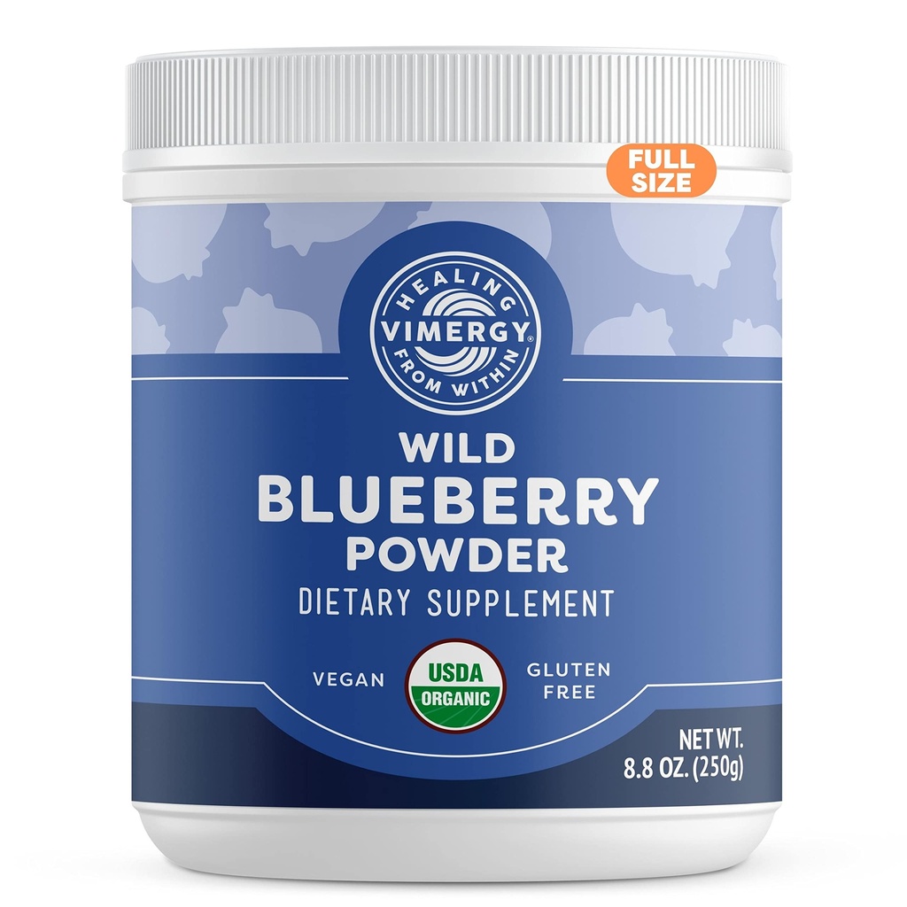Vimergy Wild Blueberry Powder – ščiti zdravje možganov* - podpira kardiovaskularne funkcije* – organska, Veganska in Gluten-free – Redna velikost 250g