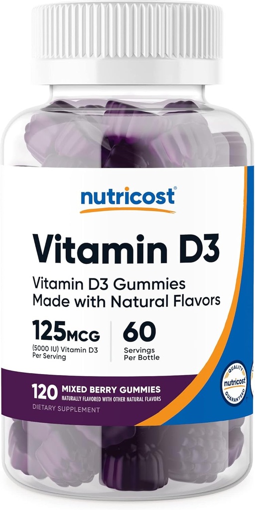 Nutricost Vitamin D3 Gummies 5000 i.e. (125mcg), 120 Gummies - mešane jagodne arome, 60 Serving