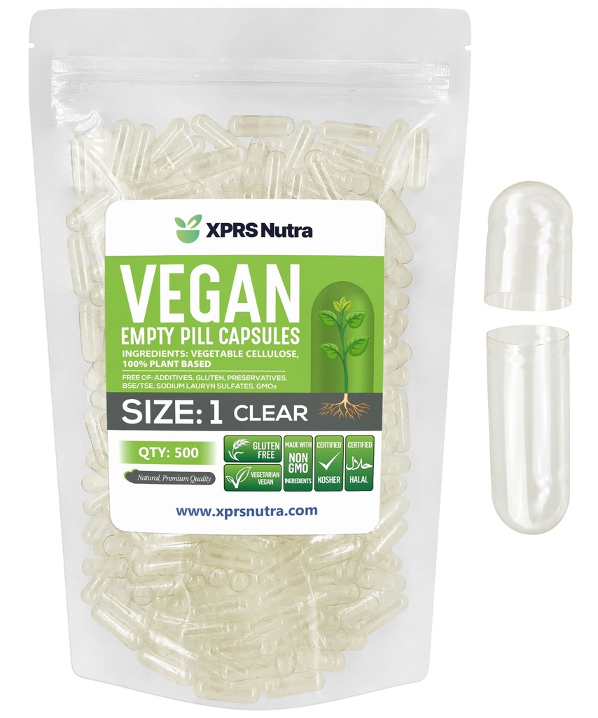 XPRS Nutra velikost 1 prazne kapsule - 500 Štetje Prozorne prazne veganske kapsule - vegetarijanske tablete - DIY Zelenjavne kapsule Polnjenje- Veggie tablete Kape za Do-it-Your
