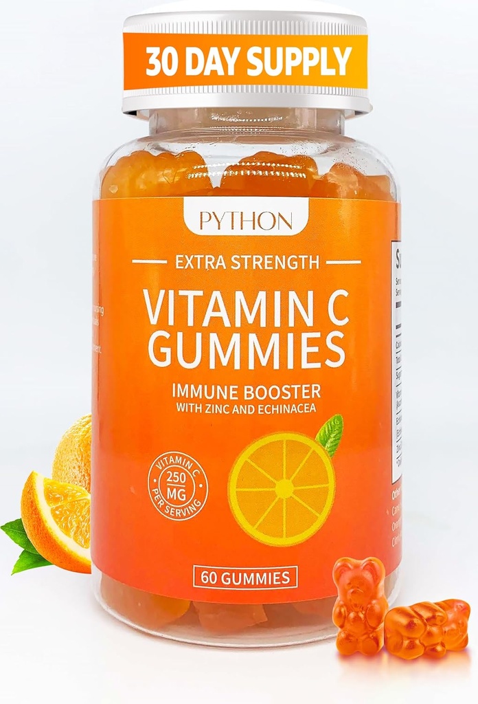 Python Vitamin C + Echinacea dodatek za imuniteto in pljučno zdravje, podpira kolagen proizvodnje, hidracijo kože, imuniteto in zdravje, 60 Vegan Gummy Chews za odrasle in otroke - 1 mesec dobave
