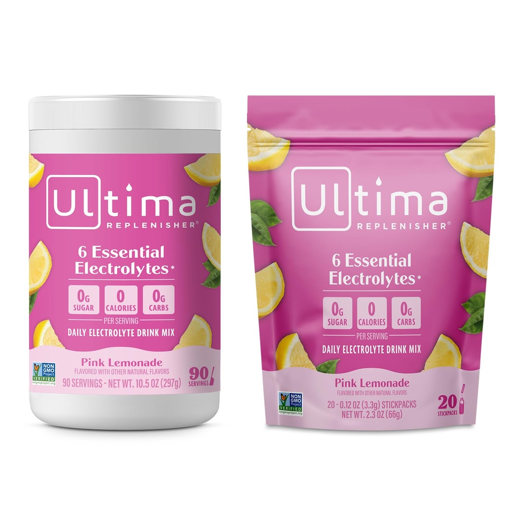 Ultima Replenisher Electrolyte Powder Drink Mix Bundle – Brez sladkorja – Roza limonada, 90 Serving Canister in 20 Stickpacks – 6 Elektroliti in minerali – Keto prijazno, Vegan, Non-GMO