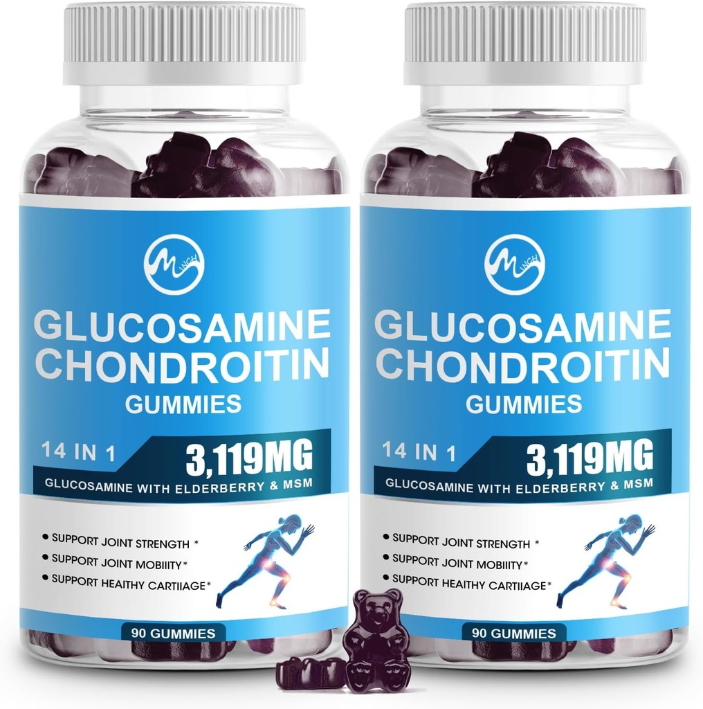 M inch Glukozamin Chondroitin Gumies, 1500mg glukozamin & 1000mg MSM na strežbo, Skupni dodatek za podporo za odrasle, Starejše jagode aroma, 45 Serving(Pack of 2)