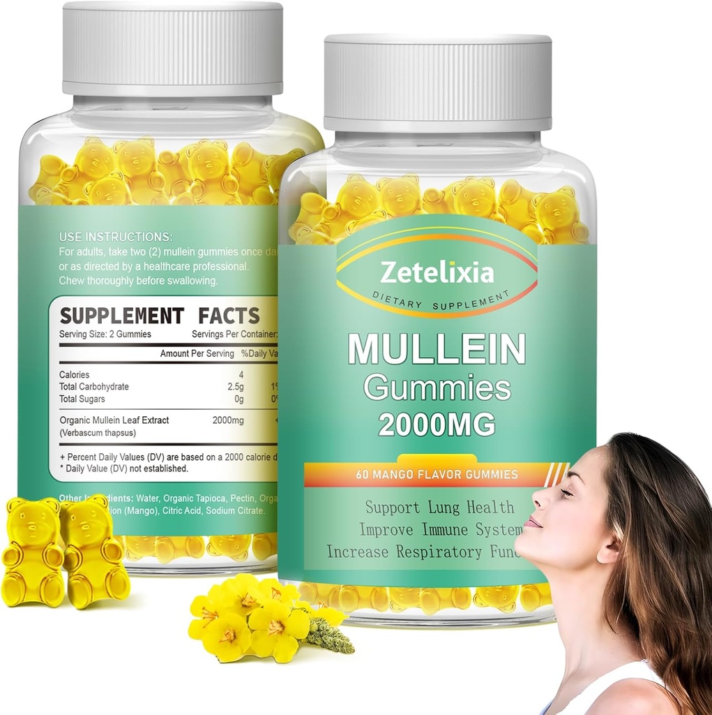 2 Pack Mullein Gummies - Mullein Leaf Extract za pljuča,Lung Detox čiščenje za kadilce,Mullein Lung Support Supplement for Immune Support,Mucus Relief,120 Sugar Free Vegan Gummies