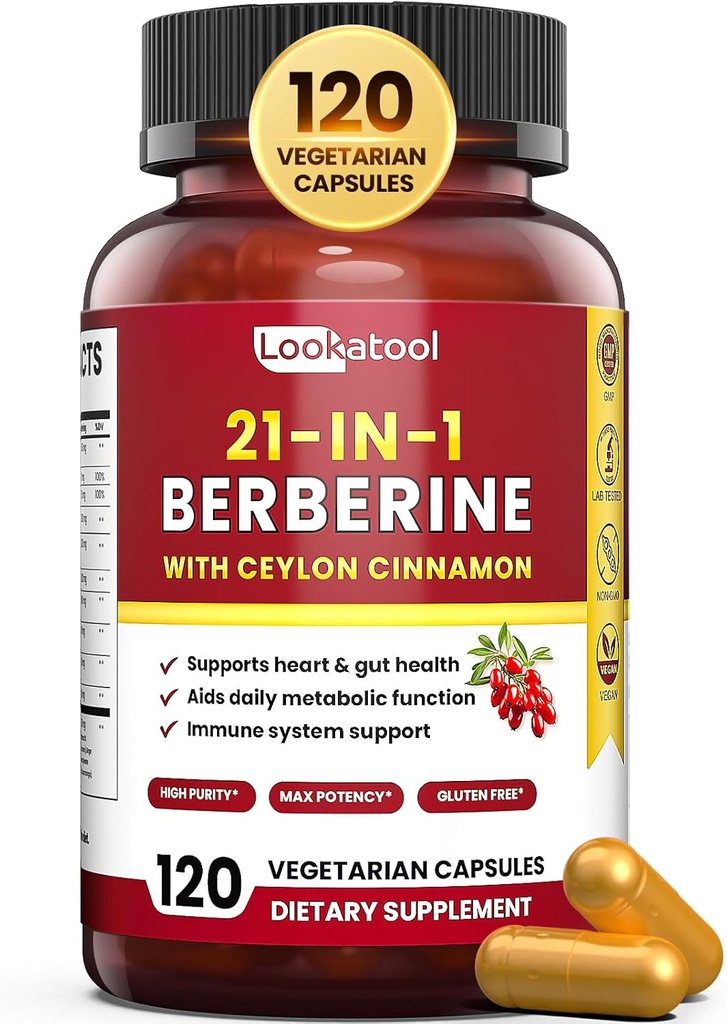 21-in-1 Berberine dodatek s Ceylon Cinamon - Organski Berberin HCL Fitosome, 5X večja absorpcija za presnovo Podpora 120 kapsul