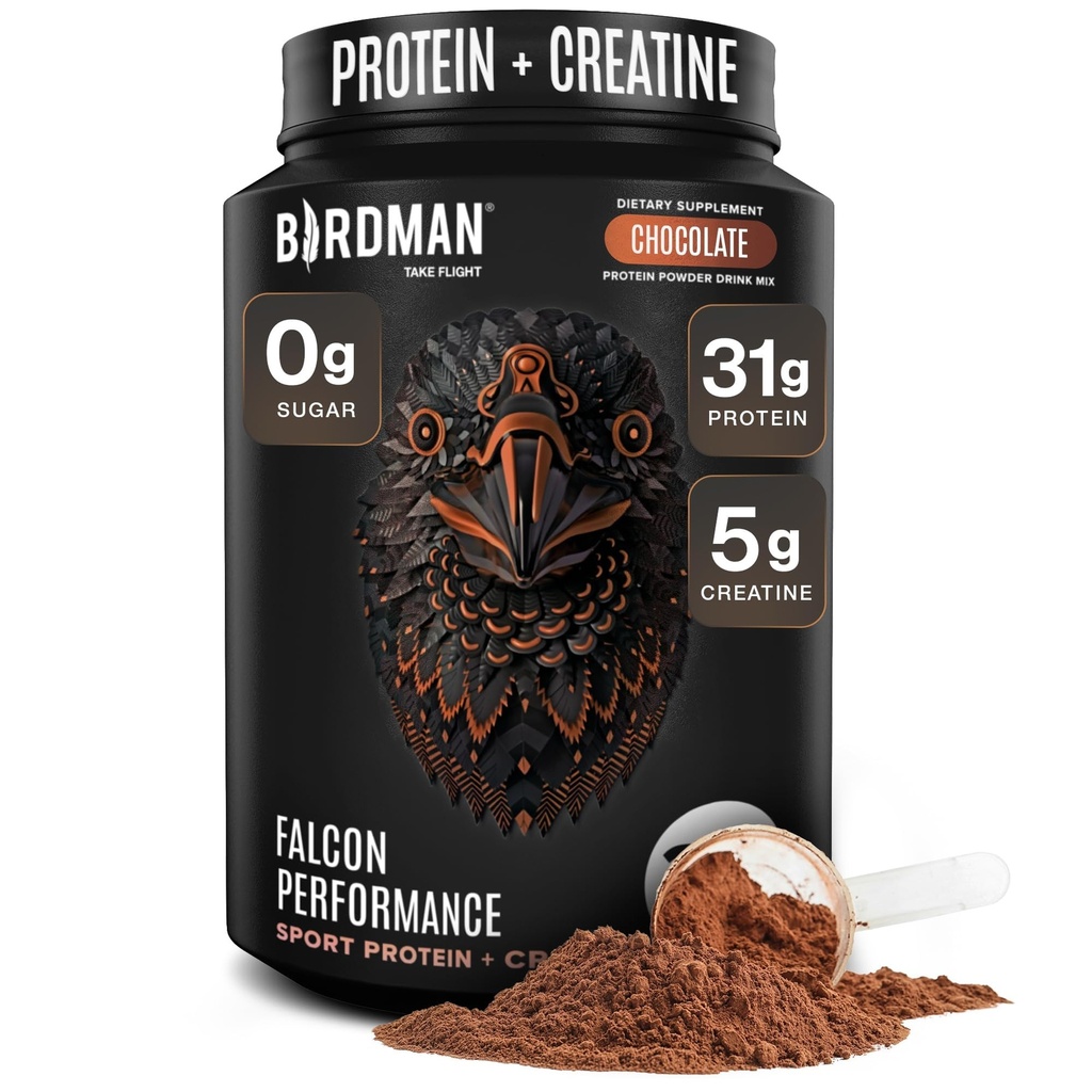 Birdman Falcon Performance Vegan Protein Powder, 31g Beljakovine, 5g Kreatin, 5g BCAA, probiotiki, Elektroliti, Predworkout, Nizki ogljikovi hidrati, Sladkor brez sladkorja in mlečnih izdelkov, Rastlinski čokoladni proteini -19 obrokov