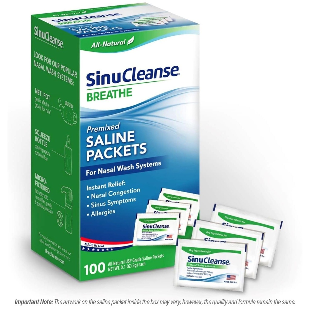 SinuCleanse Predmešani Saline Packets za Sinus Rinse in Nasal namakalnih sistemov, 100 Count, Made in ZDA, Vsenaravni, farmacevtska stopnja in PH uravnotežen
