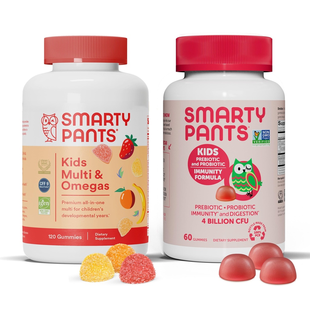 SmartyPants Kids Multivitaminski gumiji in probiotična imuniteta paket: Omega 3 ribje olje (EPA/DHA), Vitamin D3, C, Vitamin B12, B6, Prebavni in Imunski dodatek (30 dan dobave)