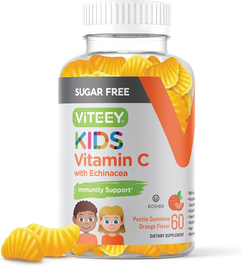 Viteey Kids Vitamin C Gummies 75mg, z Echinacea - Sugar Free - Imunska podpora za malčke, & Teens - Vegan, želatina brez glutena, brez GSO - Okusni pomarančni okus otroci Immunity Gummy