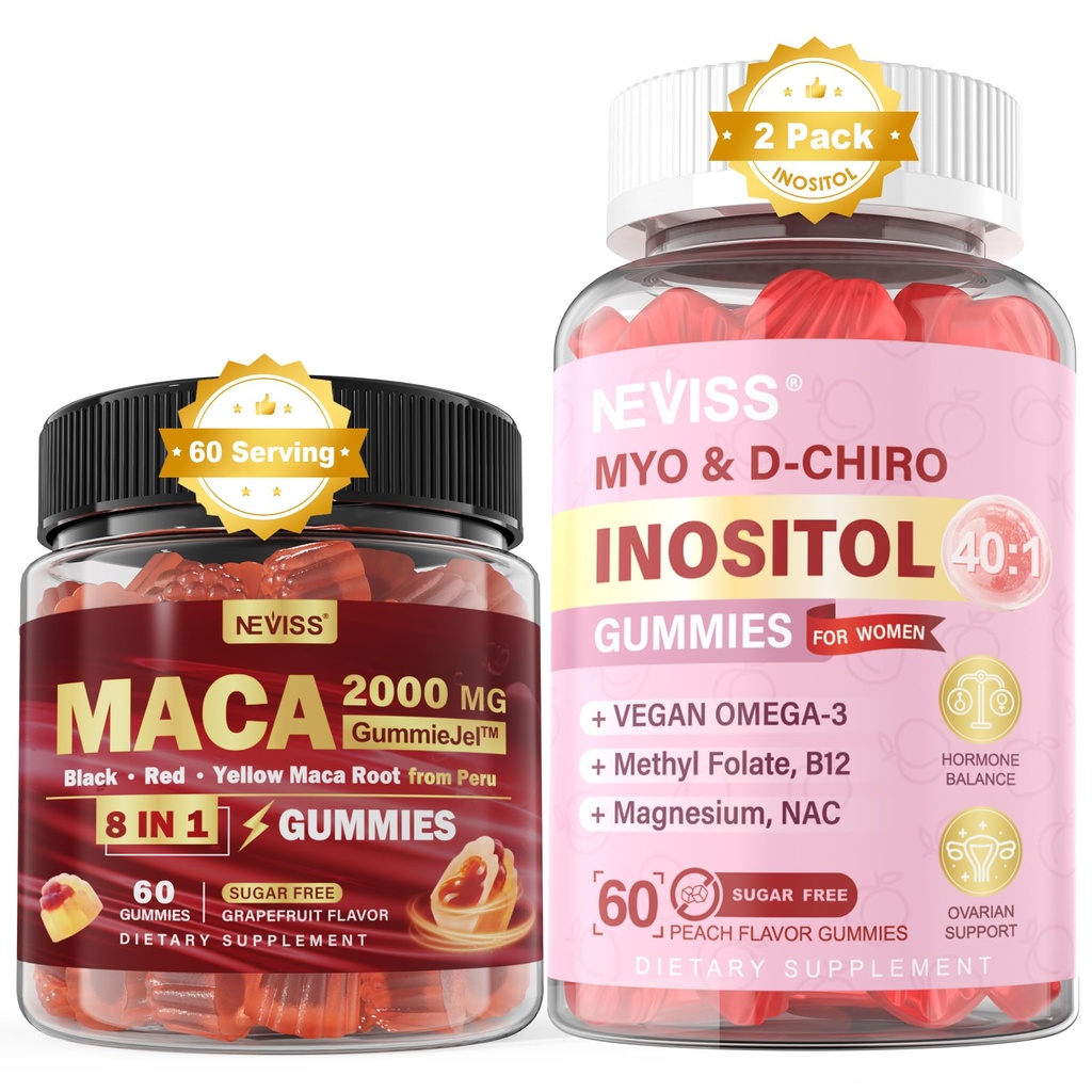 Brez sladkorja NEVIS 1Pack Maca Root Polnjene Gumies & 2Pack Myo-Inositol & D-Chiro Inositol Gumies