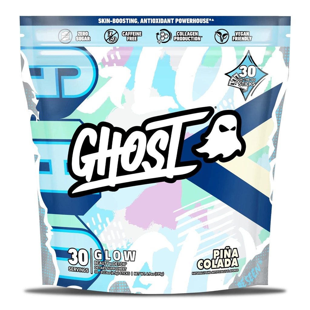 GHOST Glow palice: Lepota in razstrupljanje dodatek - 30 On-The-Go Packs, Pina Colada - Hyaluronska kislina, Biotin & L-Theanin za podporo kožo-Boosting – Sladkor brez sladkorja, Gluten prost