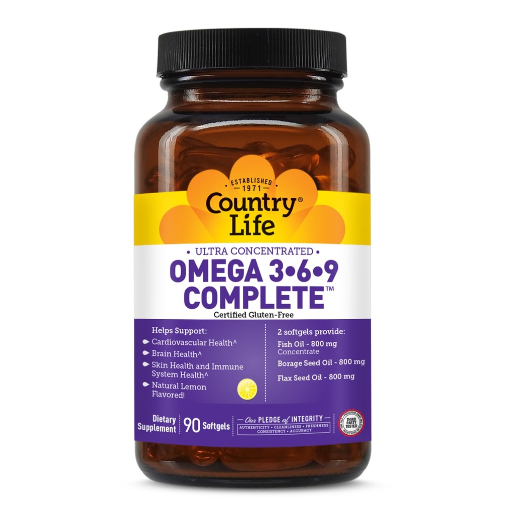 Country Life Omega 3-6-9 Popolni dodatek - 1.534mg Omega Maščobne kisline - Podpira Kardiovaskularno, Možgani, Skin & Imune Health - Certified Gluten Free, Non-GMO - 90 Softgels