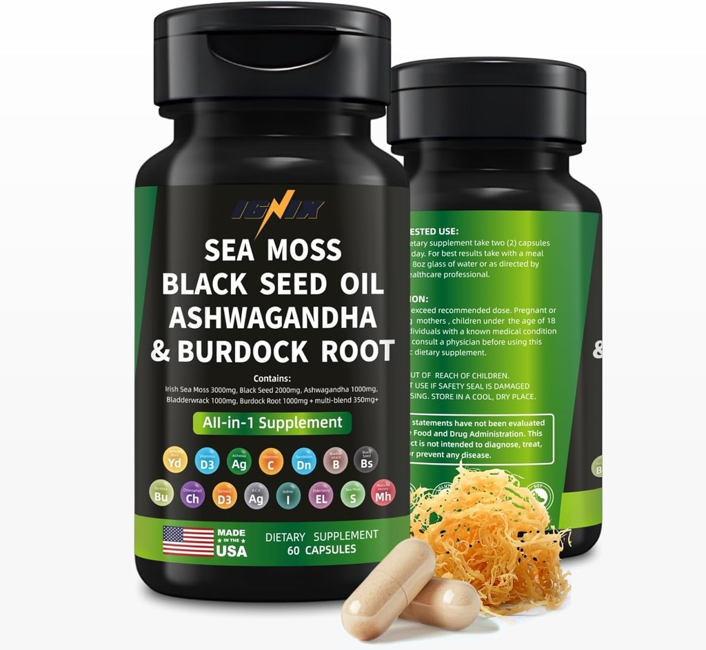 IGNIX prehranski dodatek z morskim mossom, črno olje semena, Ashwagandha, in Burdock korensko-irsko morje Moss 3000mg, črno seme 2000mg, Ashwagandha 1000mg, Bladderwrack 1000mg, Burdock Root 1000mg.