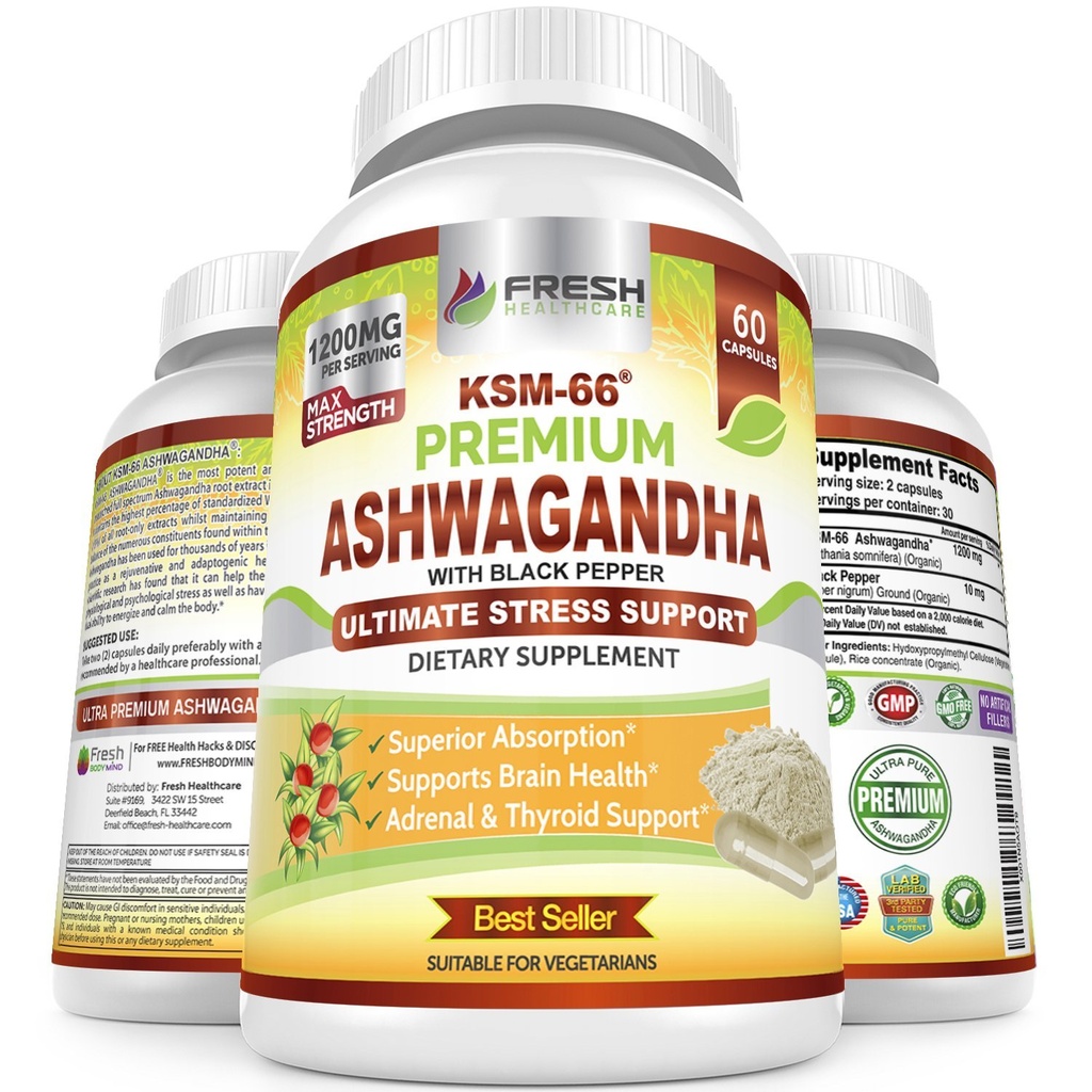 SVEŽA ZDRAVSTVENA CARE Ashwagandha Kapsule KSM-66 1200mg Čisti koren ekstrakt s črno papriko za visoko absorpcijo - Potent Ashwagandha dodatek - 60 Veganske kapsule