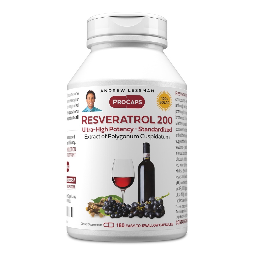 ANDREW LESSMAN Resveratrol-200mg - 180 Kapsule - Rdeče vino je koristno, naravno pojavlja antioksidant, brez alkohola. Aditivi prosti