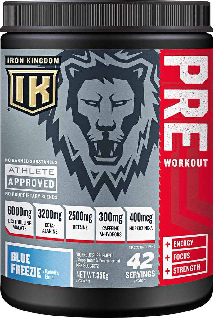 Iron Kingdom Pre Workout Prašek za moške in ženske kofein, beta alanin in aminokisline za intenzivno fokusiranje vzdržljivost in črpalka - Preworkout energijski napitek v prahu naravni modri freezie - 42 strežnikov