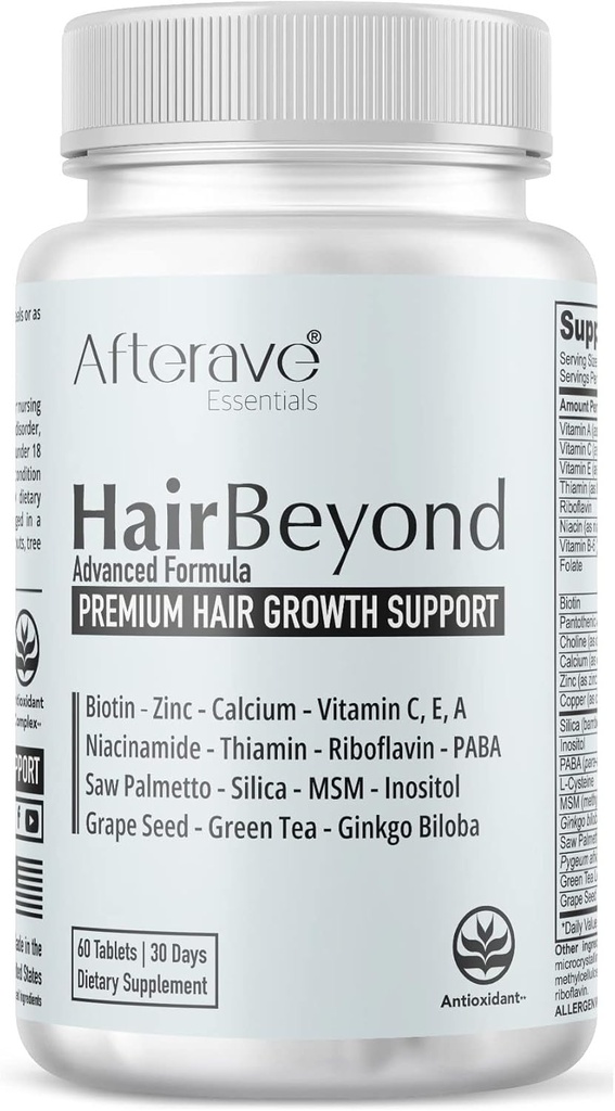 HairBeyond Napredna formula za rast las Izboljša Folicle & Skalp Moč za močnejšo rast, izpadanje las Zaščita, Vitamin A, C, E, B Kompleksna žaga Palmetto Silica Cinkov kalcij Niacin Tiamin Biotin