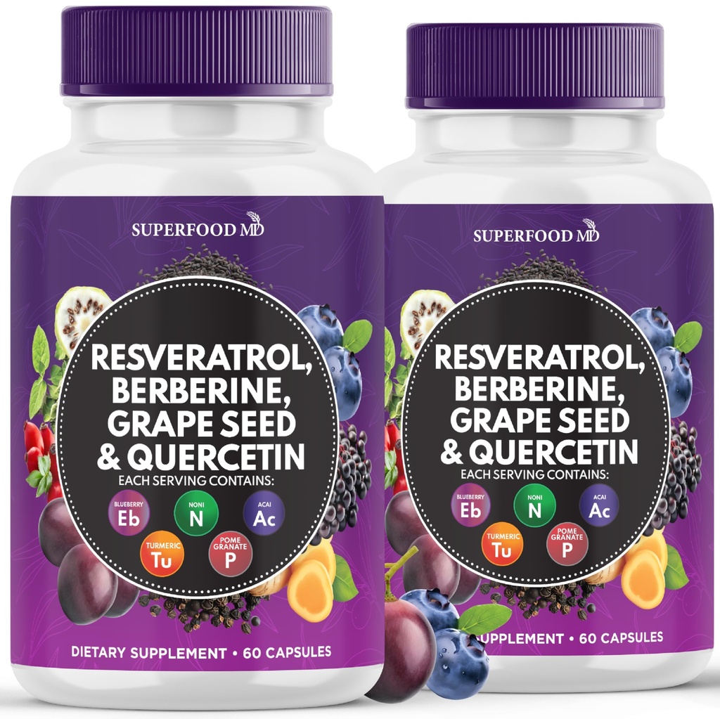 Resveratrol Berberin Grozdni ekstrakt Quercetin - polifenol dodatek z Noni Extract, N-acetil Cistein, Acai ekstrakt - izdelan v ZDA - 120 kapsul