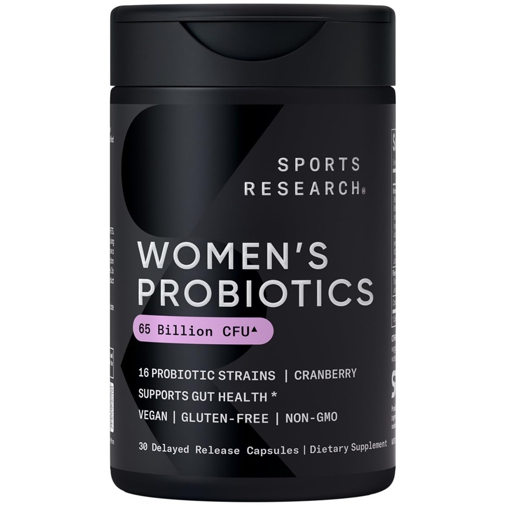 Športne raziskave® Ženski probiotiki s prebiotiki, 65 milijard CFU - Veganske kapsule za Gut Health & Prebavna podpora, Probiotiki za ženske z brusnicami - Ne-GMO Preverjeni & Gluten Free - 30 Count