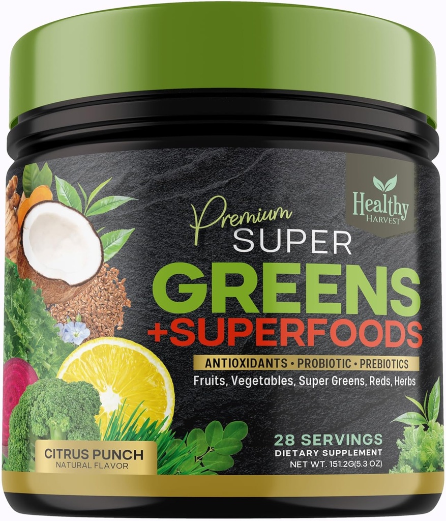 Zelena Powder Superfood dodatek - Super zelena rdeča Smoothie mešamo mešanico s Spirulina, pšenična trava, Klorela, Fiets, Probiotiki, Naravni antioksidanti - Vegan, Non-GMO - 28 Servisi