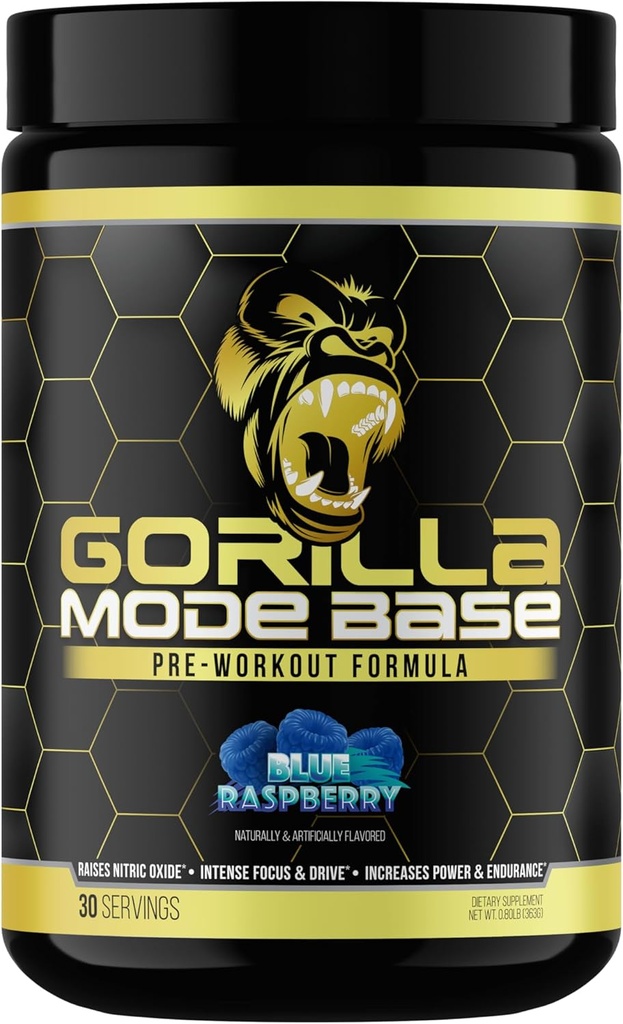 Gorilla Mind Base Pre Workout - poveča dušikov oksid Intenzivno fokus & Drive vzdržljivost moč - L-citrulin, L-tirozin, Betain, Alpha-GPC, kofein, Huperzin A - 360 Grams (modra malina)