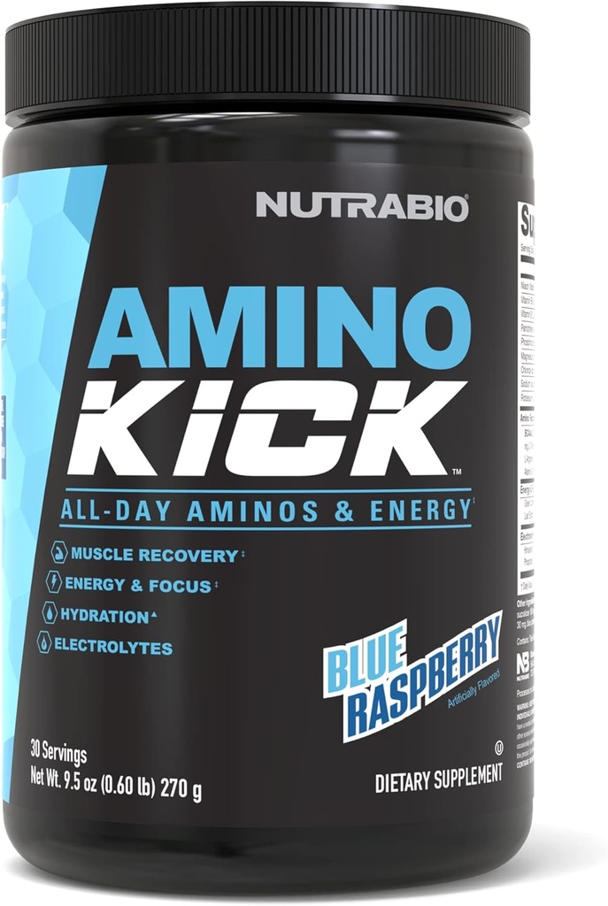 NutraBio Amino Kick – BCAA Powder z naravnim kofeinom – Aminokisline dopolnilo za energijo, Hidracija in regeneracija – BCAA, Elektroliti in aminokisline – Modra malina, 30 Serving