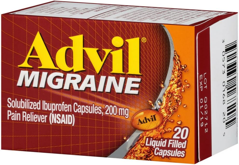Advil Migraine Pain Reliever, Solubilized Ibuprofen 200 mg, 20 Število, tekoče napolnjene kapsule, močan migrena olajšava