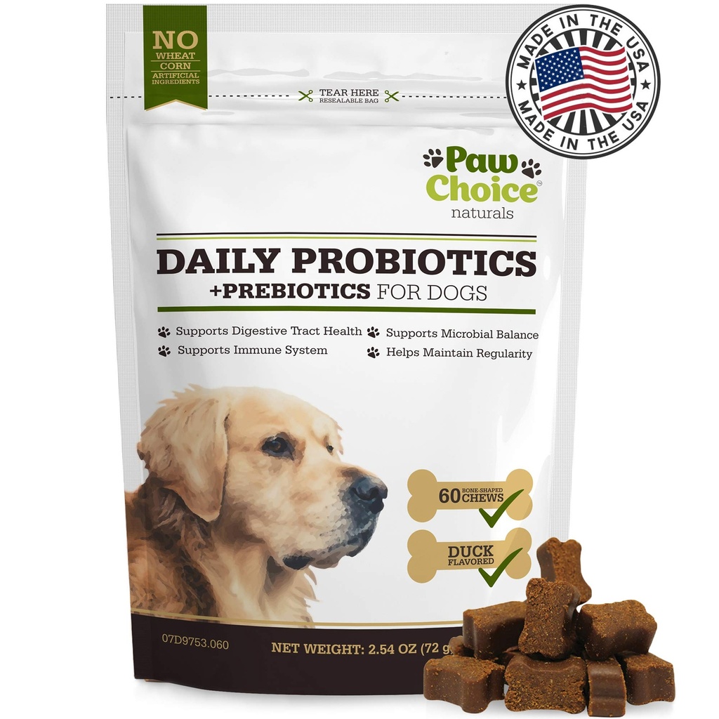 Paw Choice probiotiki za pse s prebiotiki - Dnevni žvečenje za črevesno zdravje, digestion, regularnost in imunske podpore - Naravni dodatek zdravljenje Made in ZDA