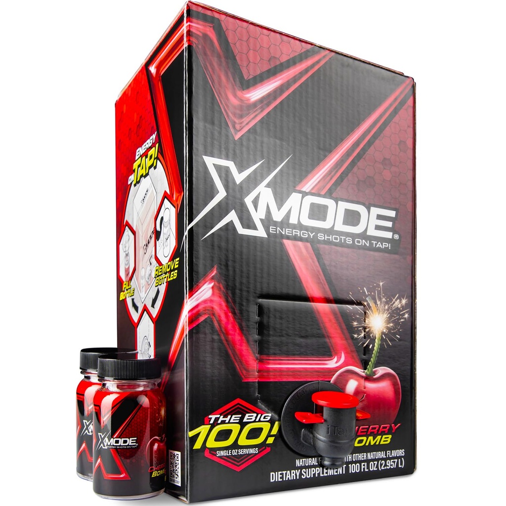 XMODE Extra Strength Energy Shots on Tap – češnjeva bomba aroma, sladkor brez, 150mg kofein na oz, B12, 100 (1oz) Servisi, Dispenser z 2 polnilnih steklenic