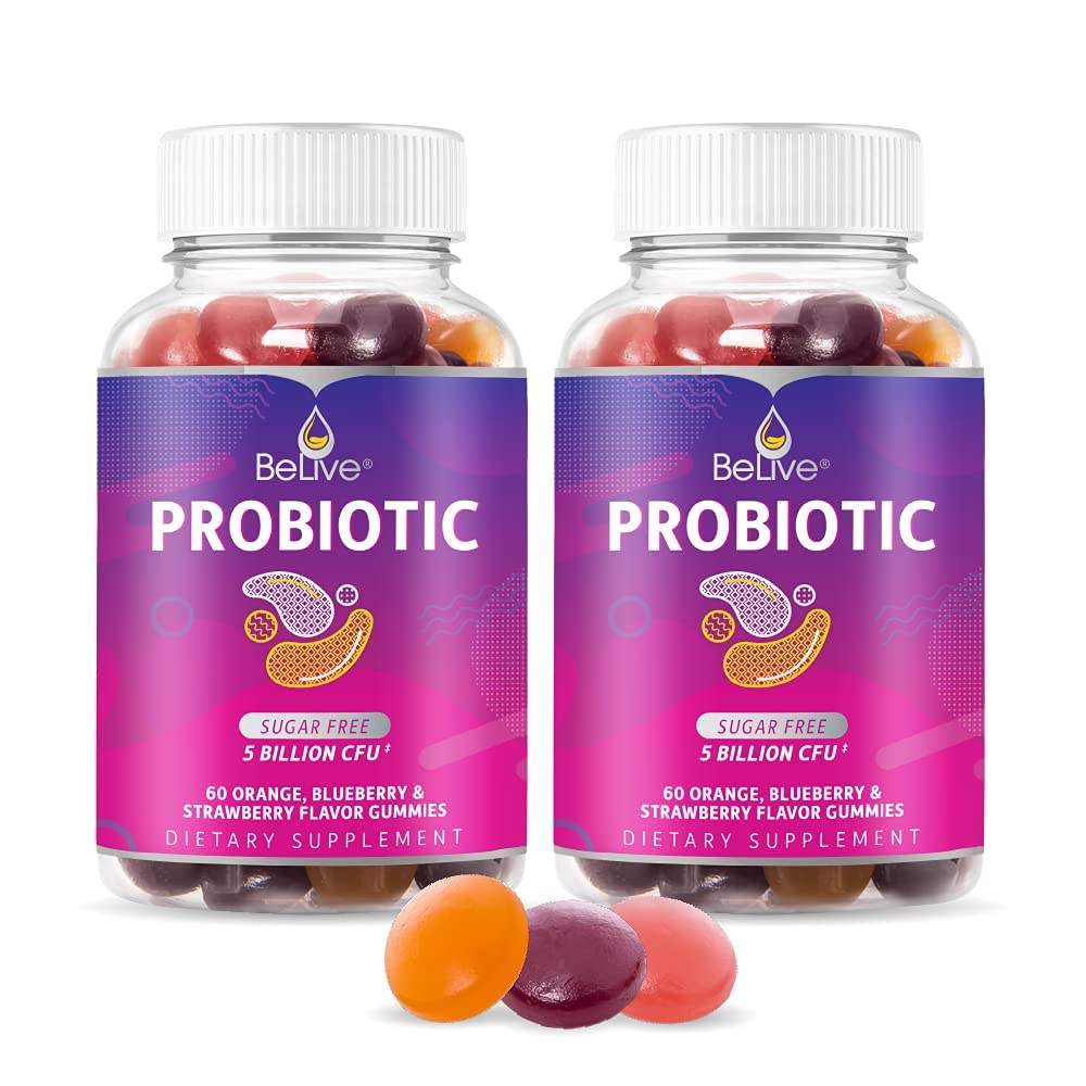 BeLive Probiotic Gumies - Probiotiki s 5 milijardami CFU za digestivno zdravje, moški, ženske in otroci probiotični dodatki za imuno podporo, sladkor brez & Vegan – borovnice, jagode in pomaranče 