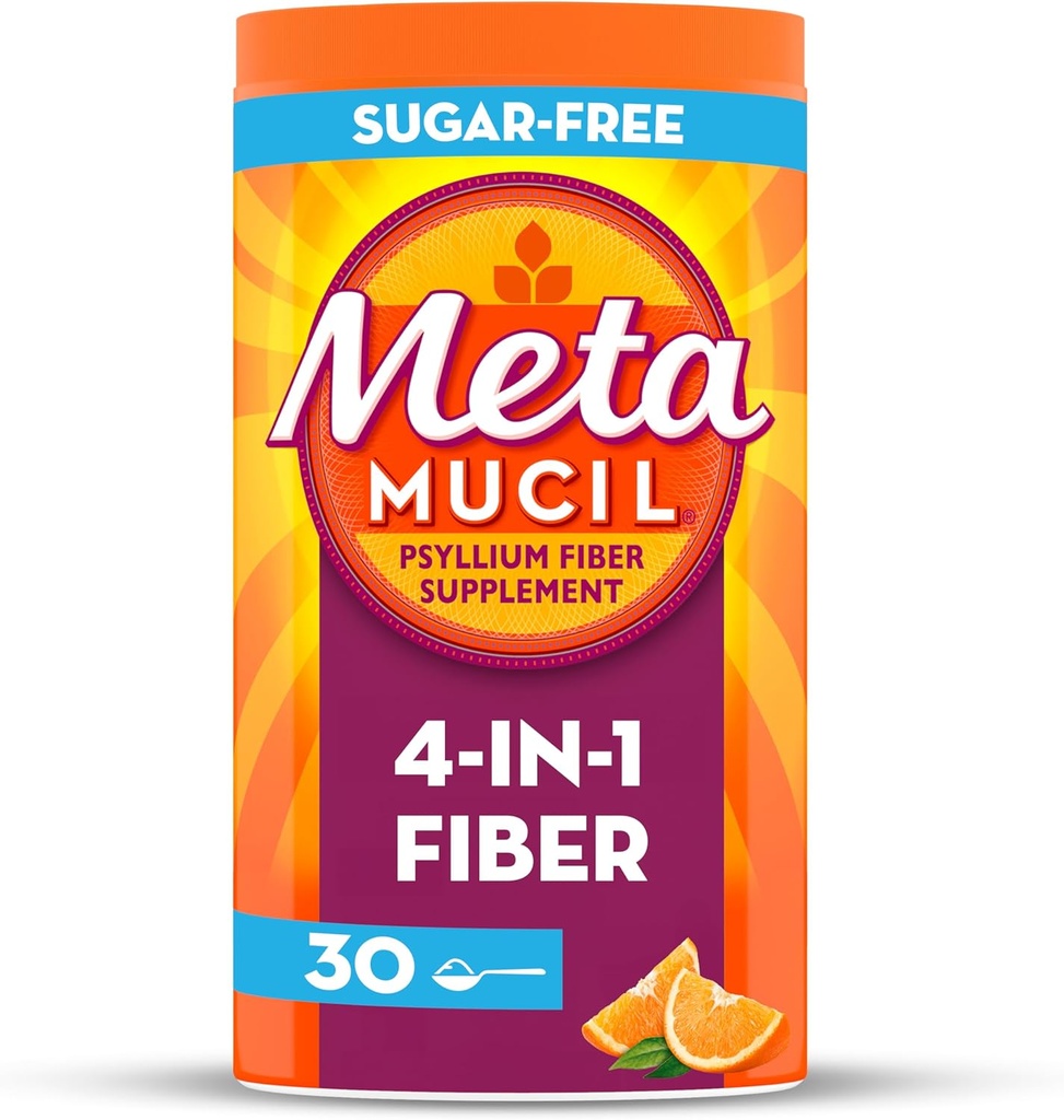 Metamucil 4 v 1 Daily Fiber Supplement Prašek, Fiber Prašek za prebavljivo zdravje in rednost*, brez sladkorja, Orange, naravno Izvor Psyllium Fiber, 30 čajnih žličkov