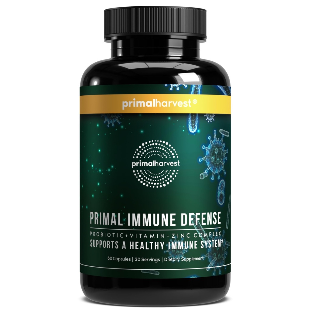 Primal Harvest Primal Immune Defense 10 v-1 Immune Defense Supplement: s 7 milijardami CFU probiotikov, cinka, vitaminov C, B6, D3, K2 - Immune Boosters za odrasle 60 kapsul (1 pakiranje)