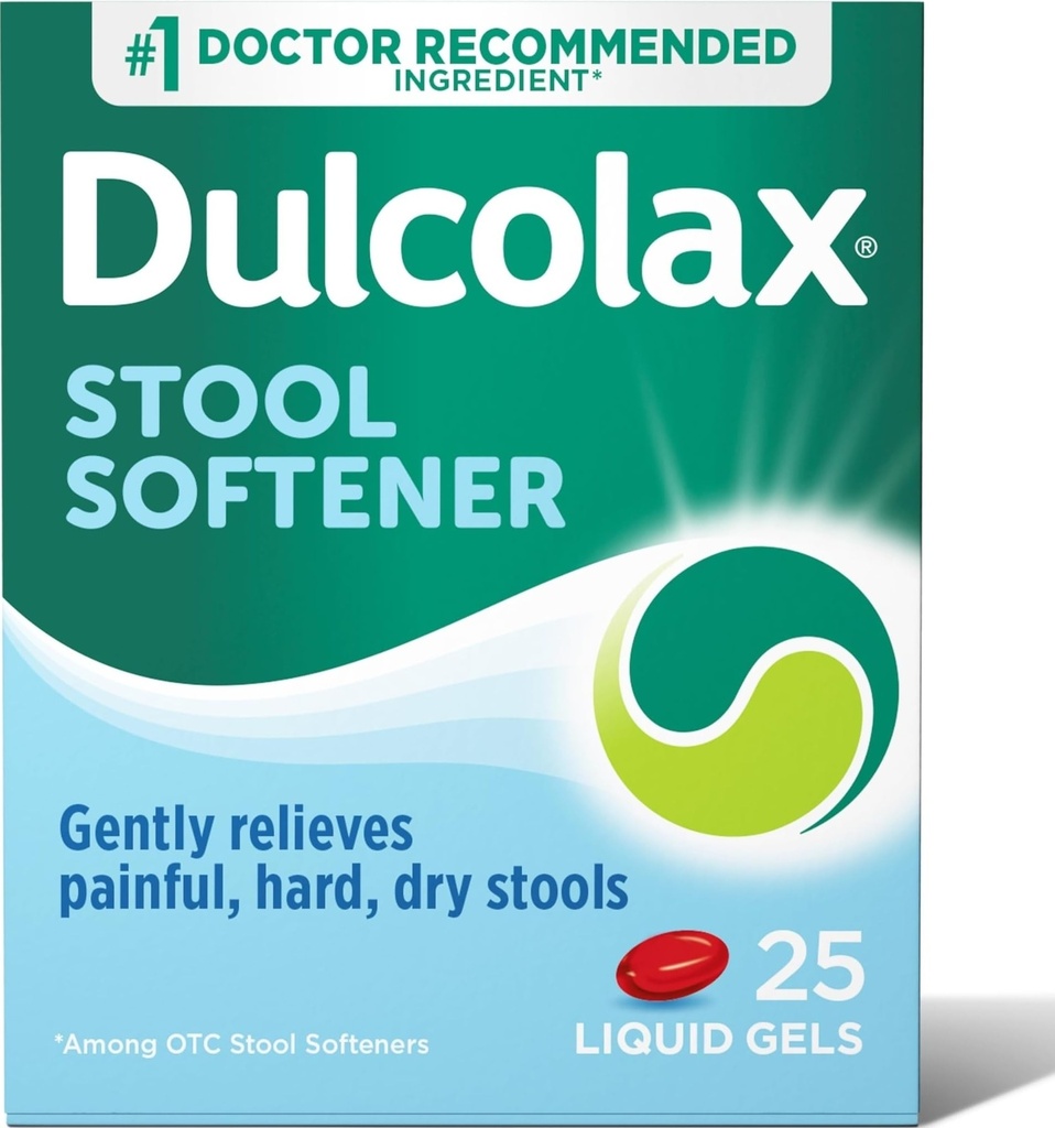 Dulolax Stool Mehčalo Laksativni tekoči gel Kapsule, Nežna zaprtost Relief za trde, suhe Stools, Docusate Natrijev 100 mg, 25 Število
