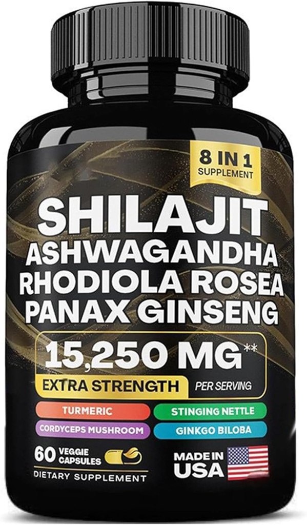 shilajit 9000 mg, Ashwagandha 2000 mg, Rhodiola Rosea 1000 mg, Panax Ginseng 1500 mg, kordyceps gobe 500 mg, Ginkgo Biloba 500 MG, Sting Nettle 250 mg, Tumeric 500 mg.