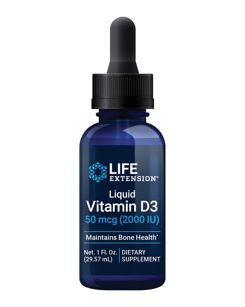 Življenjsko podaljšanje Tekoči vitamin D3, 50 μg (2000 i.e.), Podpora imunskemu sistemu, zdravje kosti, zdravje celega telesa, brez arome, brez glutena, ne-GMO, 29,57 ml