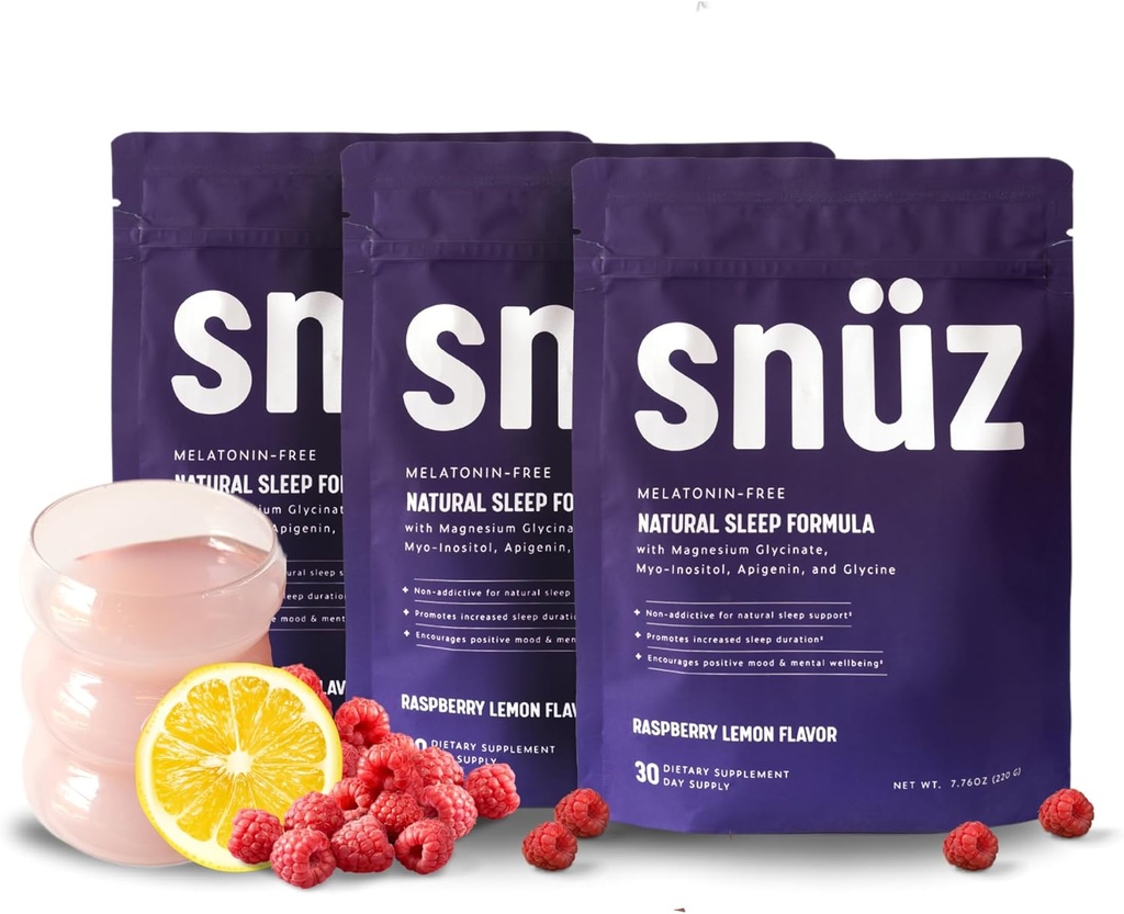 Snüz Natural Sleep Support Supplement with Magnezium Glycinate, Myo-Inositol, Apigenin & Glycine, Melatonin Free, Pomoč v spanju za odrasle, Ne GSO, Gluten Free, Vegan, Raspberry Lemon Flavor, 90 Svgs