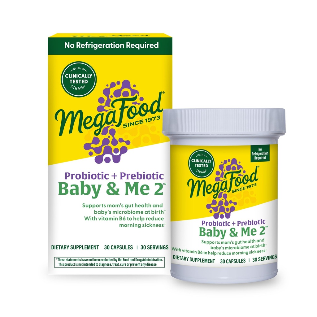 MegaFood Baby & Me 2 Prednatalni probiotik, vegetarijanska nosečnost Prebiotiki in probiotiki za ženske, Prebavno zdravje in imunosupresivna podpora z vitaminom B6 za jutranje lajšanje bolezni, 30 kapsul