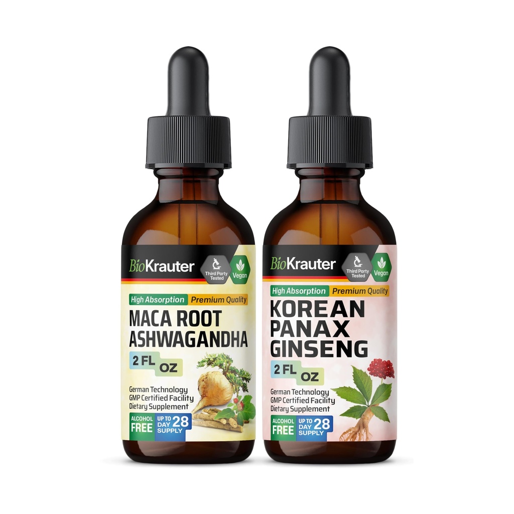 BIO KRAUTER Maca Root Ashwagandha Tincture 2 Fl. Oz. & Korejski Panax Ginseng Tincture 2 Fl. Oz.