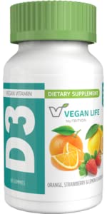 Veganska Life Nutrition - Vitamin D3 Gumiji za otroke in odrasle (1000 i.e.) - Gluten-free, Non-GMO, Podpira zdravje kosti in imunski sistem - 60 Gumies