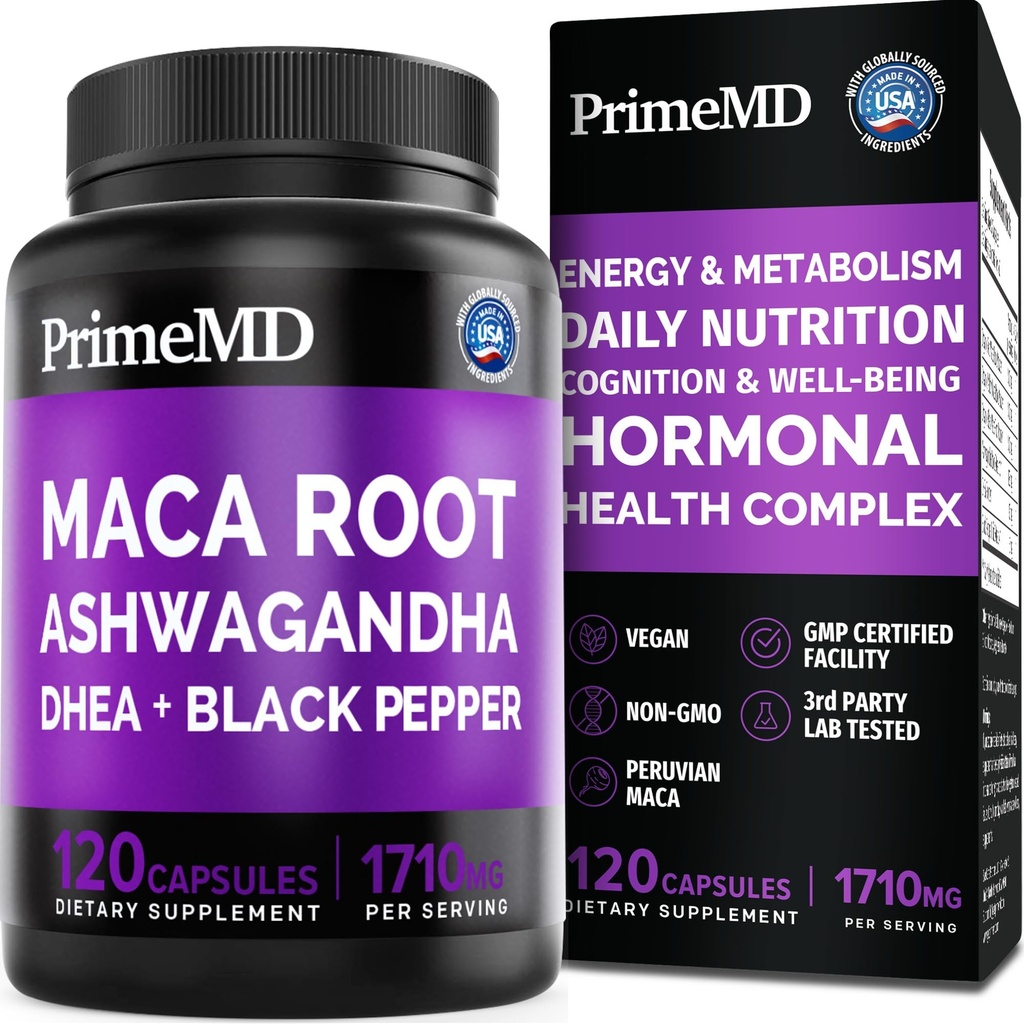 6-v-1 Organska Maca Root Ashwagandha Kapsule 1710mg z DHEA in izvleček črnega popra sadja za ženske in moške - Črna Maca dodatek za podporo Stamina, kosti in razpoloženja, 120 štetje