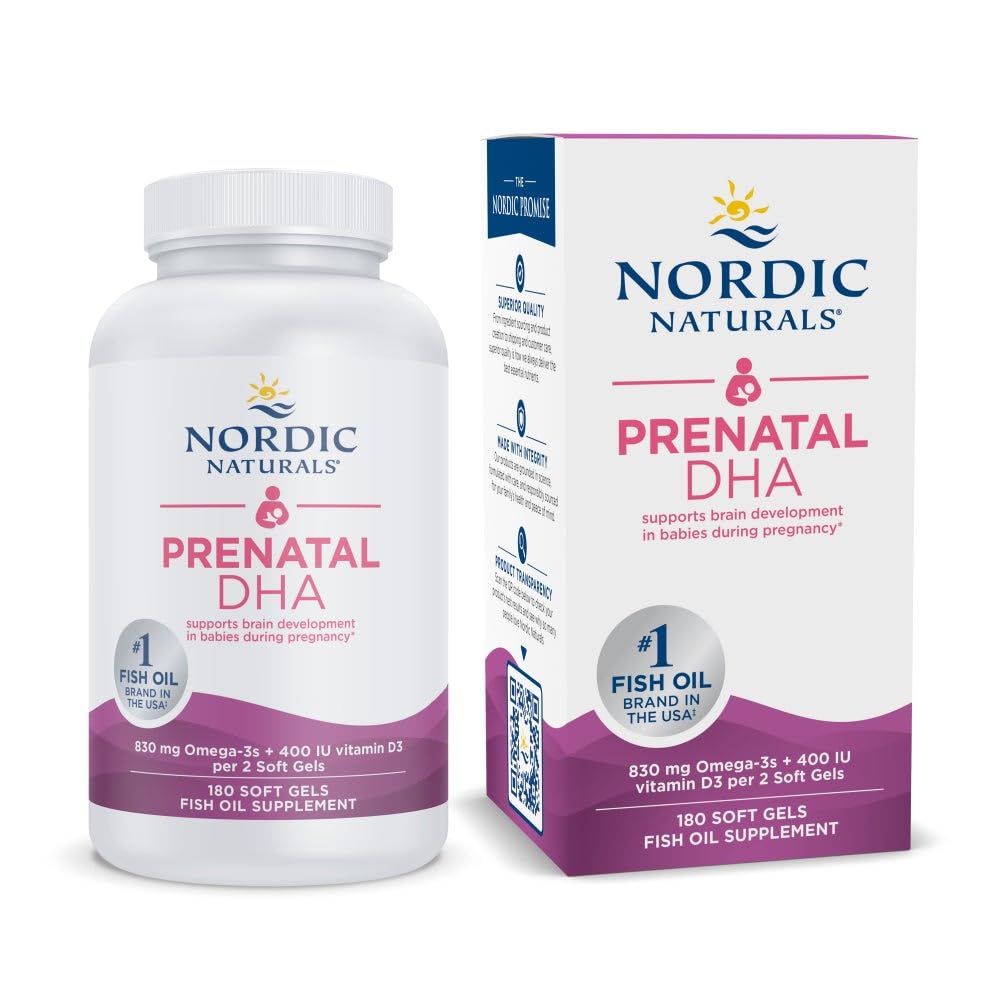Nordic Naturals Prednatal DHA, Unflavored - 180 Soft Gels - 830 mg Omega-3 + 400 i.e. vitamin D3 - Podpira razvoj možganov pri dojenčkih med nosečnostjo in dojenjem - Non-GMO - 90 Servingov