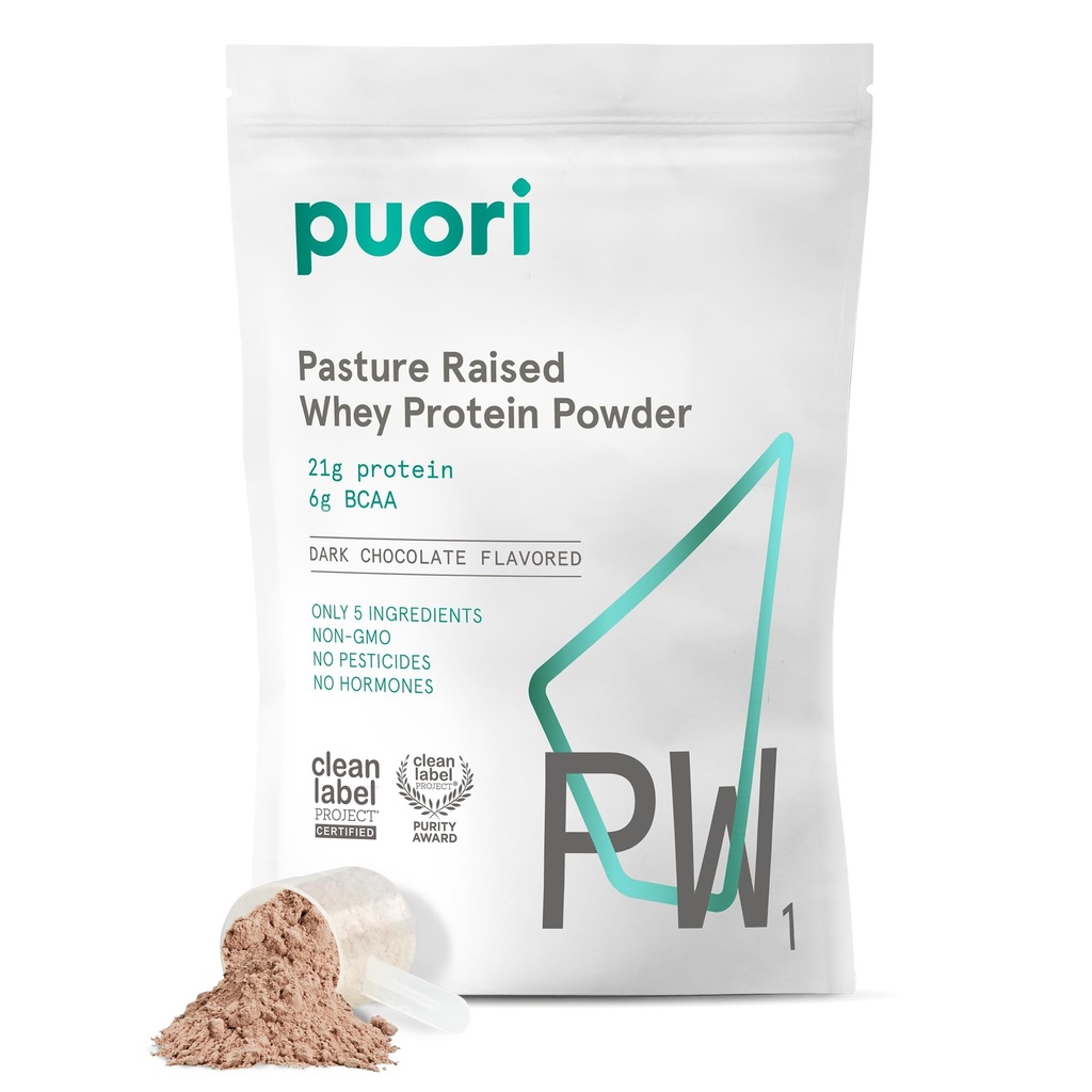 Puori Whey Protein Powder, temna čokolada - PW1 Pasture-Reading, Grass-Fed Whey Protein Powder Drink Mešanica, ki vsebuje BCAA aminokisline - Post-workout dodatek za pridobivanje in regeneracijo mišic - 30 Servingov