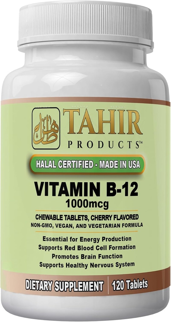 Tahir Halal Vitamin B12 1000mcg: Povečuje energijo, Presnova in zdravje živčnega sistema. Vegan & Vegetarian, Dairy-free, 120 žvečljivih tablet. Narejeno v ZDA - Certified Halal.
