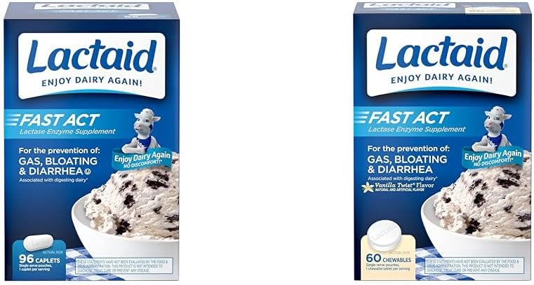 Laktaid Fast Act Laktoza Intolerance Relief Caplets z encimom laktaze, 96 Count & Fast Act Laktoza Intolerance Žvečilni žvečilni izdelki z encimi laktaze, Vanilla, 60 Število (Pack po 1)