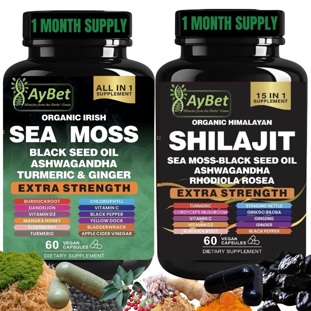 Sea Moss Shilajit Combo Bundle Kapsula, črno olje, Ashwagandha, Rhodiola Rosea, Burdock, Kurkuma, Ginger, VitC, VitD3, Vse v enem dodatku, 120 Kapsule, Halal, Vegan, USDA Organic